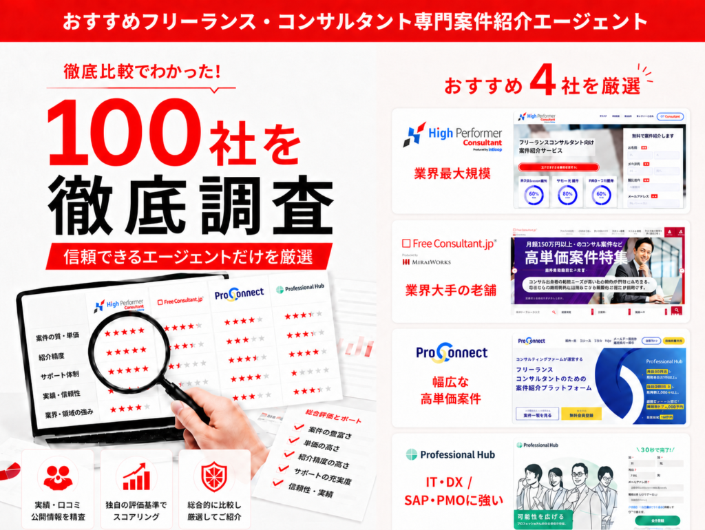 おすすめフリーランス・コンサルタント案件紹介エージェント【100社比較】