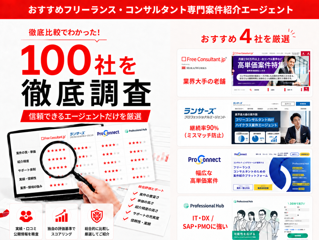 おすすめフリーランス・コンサルタント案件紹介エージェント【100社比較】おすすめ4社